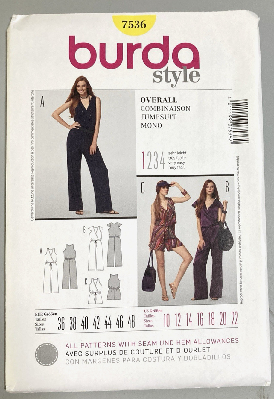 Burda Style 7536 Jumper and Romper Summer Pattern Easy Sew Misses Sz 10-22 UNCUT